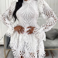 Long Sleeve Pure Color Women's White Lace Dress - Thumbnail 1
