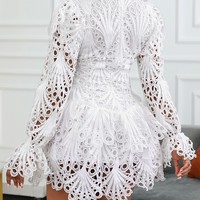 Long Sleeve Pure Color Women's White Lace Dress - Thumbnail 3