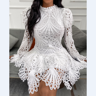 Long sleeve pure color women's white lace dress - Thumbnail 5