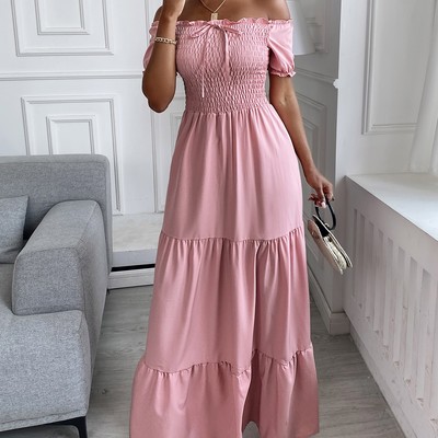 Pure color elastic high waist short sleeve dress - Thumbnail 3