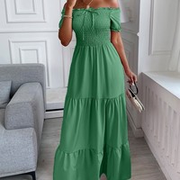 Pure Color Elastic High Waist Short Sleeve Dress - Thumbnail 3