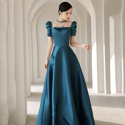 Blue satin long a line prom dress blue evening dress - Thumbnail 2