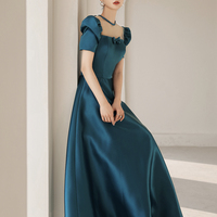 Blue satin long A line prom dress blue evening dress - Thumbnail 2