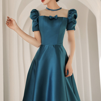 Blue satin long A line prom dress blue evening dress - Thumbnail 4