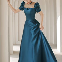 Blue satin long A line prom dress blue evening dress - Thumbnail 3