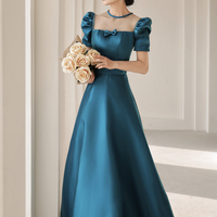 Blue satin long A line prom dress blue evening dress - Thumbnail 6