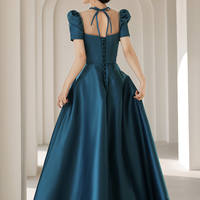 Blue satin long A line prom dress blue evening dress - Thumbnail 5