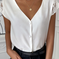 Pure Color V-Neck Lace Stitching Chiffon Shirt - Thumbnail 1