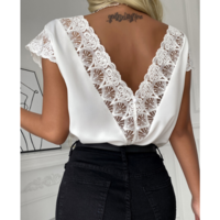 Pure Color V-Neck Lace Stitching Chiffon Shirt - Thumbnail 2