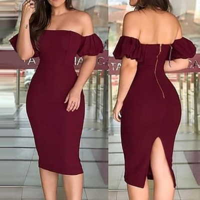Women's one shoulder puff sleeve tight dress