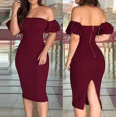 Women's One Shoulder Puff Sleeve Tight Dress