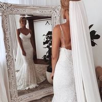 Luxurious Mermaid Spaghetti Straps Lace Wedding Dresses - Thumbnail 1