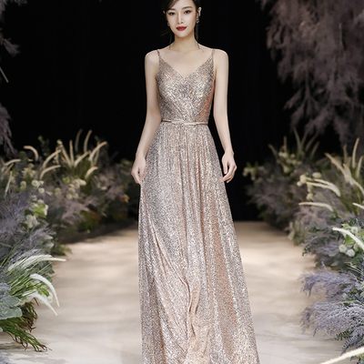 Champagne sequins long a line prom dress evening dress - Thumbnail 5