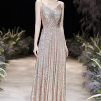 Champagne sequins long A line prom dress evening dress - Thumbnail 2