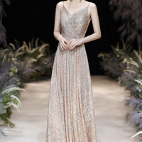 Champagne sequins long A line prom dress evening dress - Thumbnail 3