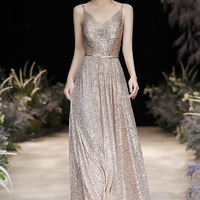 Champagne sequins long A line prom dress evening dress - Thumbnail 6