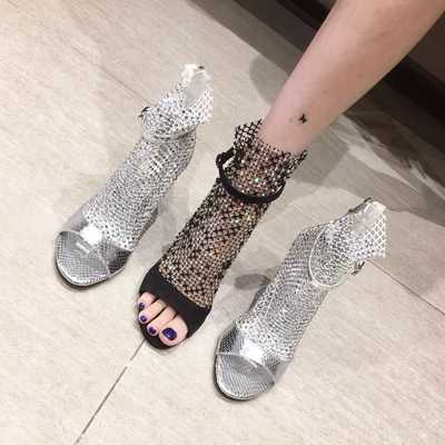 Rhinestone sandals women's mesh stiletto open-toe boots sandals S-476