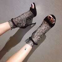 Rhinestone sandals women's mesh stiletto open-toe boots sandals S-476 - Thumbnail 3