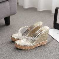2021 new wedge with sequins cross rhinestone transparent sandals and slippers S-477 - Thumbnail 2