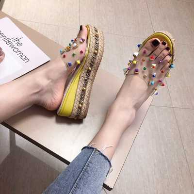 Fashion trifle bottom wear colorful rivets high-heeled slippers S-481