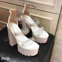 15CM Rhinestone Thick Heel Sandals Black S-482 - Thumbnail 1