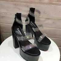 15CM Rhinestone Thick Heel Sandals Black S-482 - Thumbnail 2