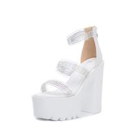 15CM Rhinestone Thick Heel Sandals Black S-482 - Thumbnail 3