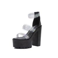 15CM Rhinestone Thick Heel Sandals Black S-482 - Thumbnail 4