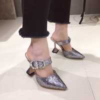 Sequined high heels rhinestone pointed toe sandals S-484 - Thumbnail 4