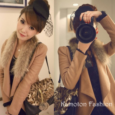 1004 women elegant fox fur woolen short outerwear jacket