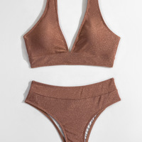 Solid Color High Waist Bikini Triangle Swimsuit - Thumbnail 1