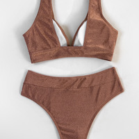 Solid Color High Waist Bikini Triangle Swimsuit - Thumbnail 2