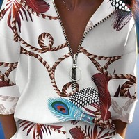 Fashion Women's Zipper Long Sleeve Print Two-piece Set - Thumbnail 1