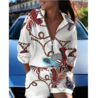 Fashion Women's Zipper Long Sleeve Print Two-piece Set - Thumbnail 2