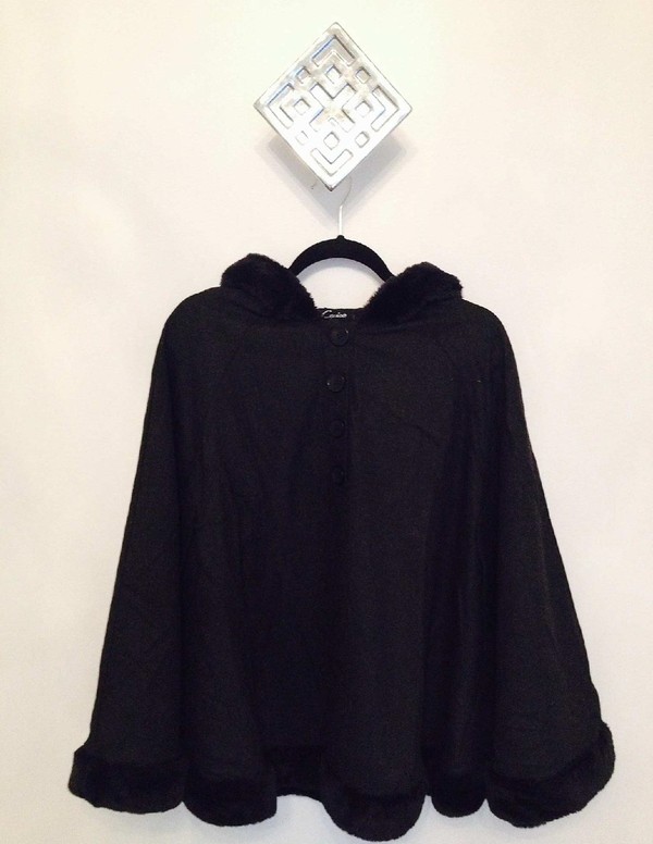 Faux Fur Trimmed Charcoal Cape