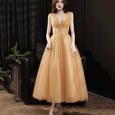 Yellow tulle tea length prom dress evening dress - Thumbnail 2