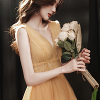 Yellow tulle tea length prom dress evening dress - Thumbnail 1