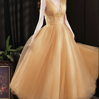 Yellow tulle tea length prom dress evening dress - Thumbnail 3