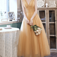 Yellow tulle tea length prom dress evening dress - Thumbnail 4