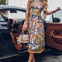Retro Fashion Temperament Round Neck Sleeveless Print Dress - Thumbnail 1