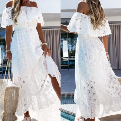 One-shoulder sexy lace white beach dress
