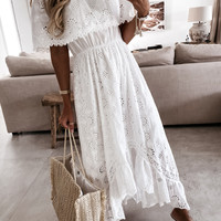 One-Shoulder Sexy Lace White Beach Dress - Thumbnail 4