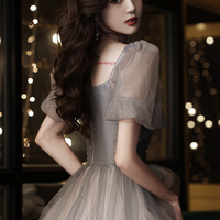 Gray tulle short A line prom dress homecoming dress - Thumbnail 4