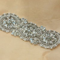 7.5" Sew/Iron Crystal Rhinestone Sash Applique Dress Wedding Bridal Craft - Thumbnail 1