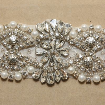 Crystal rhinestone faux pearl applique wedding bridal dress prom silver motif - Thumbnail 3