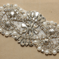 Crystal Rhinestone Faux Pearl Applique Wedding Bridal Dress Prom Silver Motif - Thumbnail 1