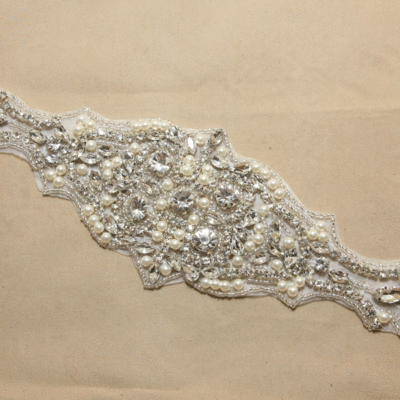 Crystal rhinestone faux pearl applique wedding bridal dress prom silver motif - Thumbnail 2