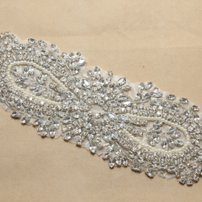 Crystal rhinestone long applique wedding bridal dress prom silver motif - Thumbnail 3