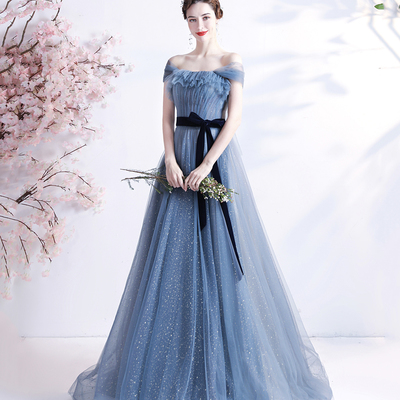 Blue tulle long a line prom dress blue evening dress - Thumbnail 3