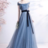 Blue tulle long A line prom dress blue evening dress - Thumbnail 2